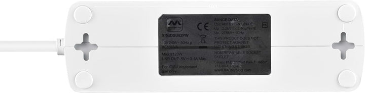 Masterplug Robustes Verlängerungskabel mit 6 Steckdosen, geschaltet, Überspannungsschutz, mit 2 USB-