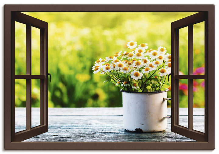 Artland Leinwandbild Wandbild Bild auf Leinwand 70x50 cm Wanddeko Fensterblick Fenster Botanik Blume