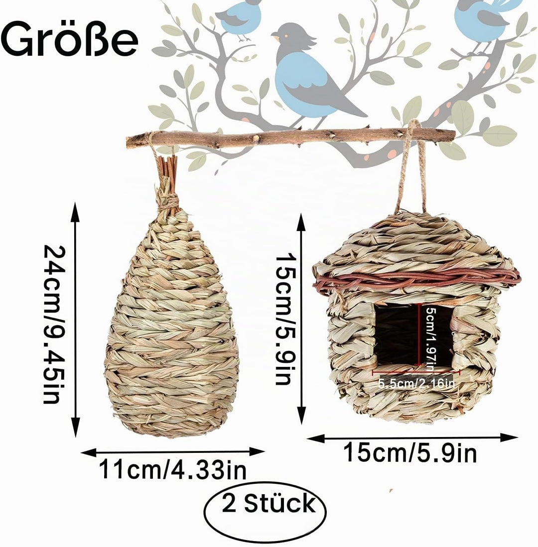Vogelnest Gras, 2 Stück Gras Bird Nest, Vogelhäus, Handgewebte Vogelhäuser, Vogelhäus zum Aufhängen