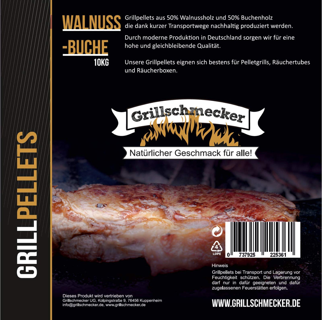 Grillpellets 10 kg Walnuss- &amp; Buchholz - Natürliches Holzaroma für Grill, Pelletofen &amp; Smoker
