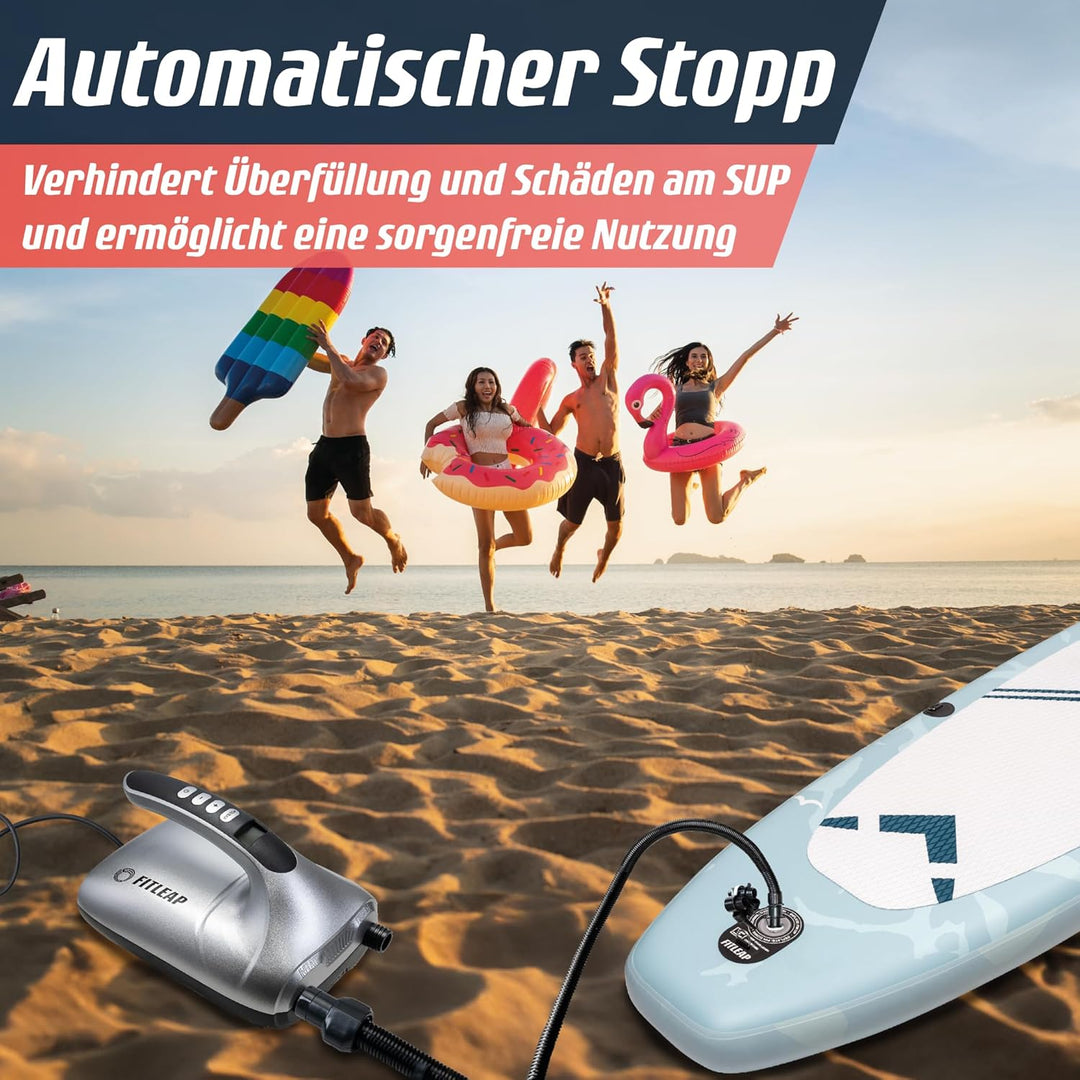 Fitleap SUP Pumpe elektrisch 20 PSI, pumpt das Board in wenigen Minuten auf | Zieldruck am LCD-Displ