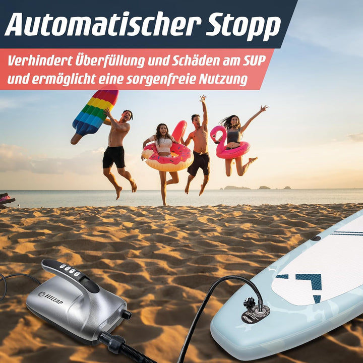 Fitleap SUP Pumpe elektrisch 20 PSI, pumpt das Board in wenigen Minuten auf | Zieldruck am LCD-Displ