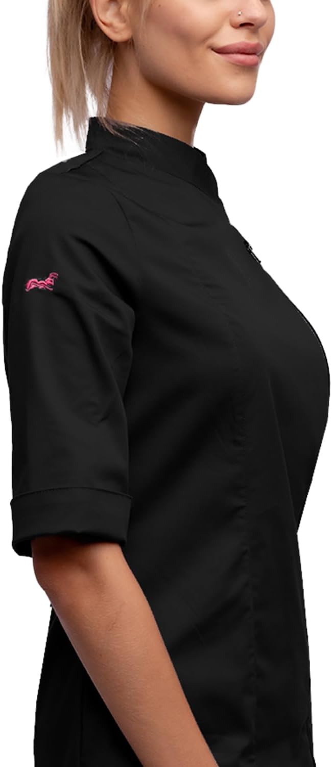 strongAnt Kochjacke Damen kurzarm Stretch mit Druckknöpfen oder Reissverschluss Kochuniform, Schwarz