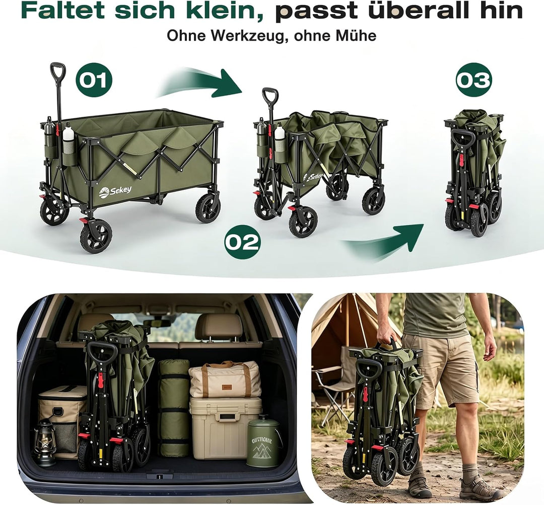 Sekey XXL Plus Bollerwagen Faltbar 200L 200KG Tragkraft, Faltbarer Bollerwagen Geländetauglich mit B