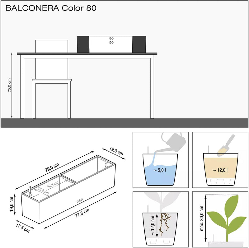 Lechuza BALCONERA Color 80 Selbstwässernder Übertopf aus Kunststoff für drinnen und draussen, Blumen