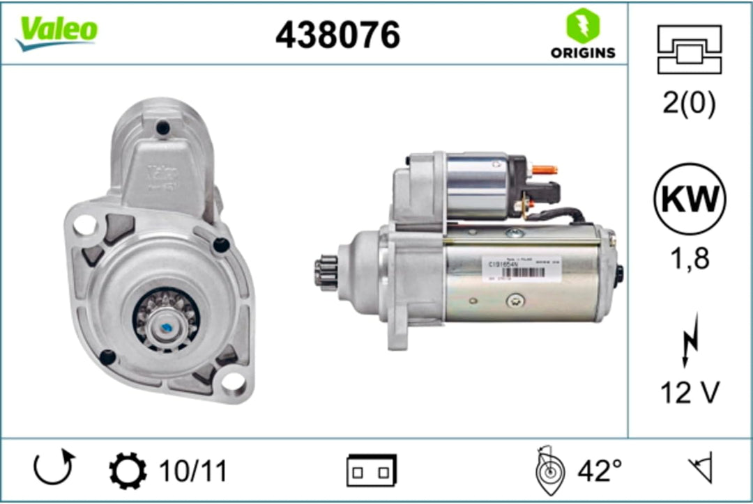 VALEO 438076 Starter Nennleistung: 1,8 kW Stop &amp; Start: NO Zähnezahl: 11 zähne Spannung: 12 V Drehri