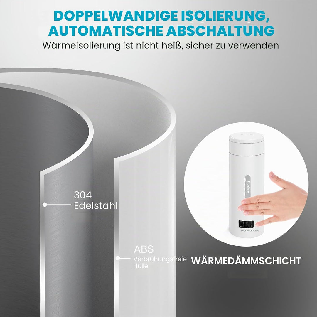 Flintronic Reise Elektrisch Wasserkocher, 380ML Mini Electric Kettle, 220 V/ 300W Thermoskanne, 304