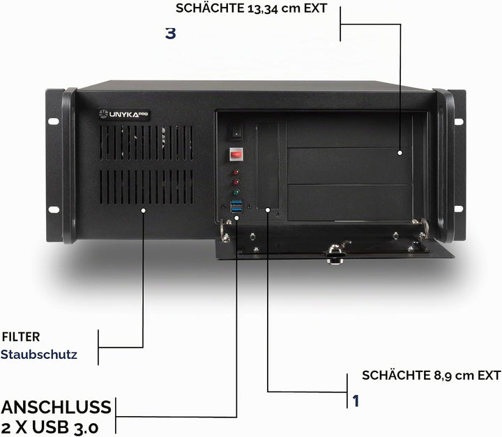 Unykach UK4229 EVO Rack-Gehäuse, Tiefe 480 mm, 2 USB3.0, 1 x 120 mm Lüfter und 2 x 80 mm Lüfter, Sch