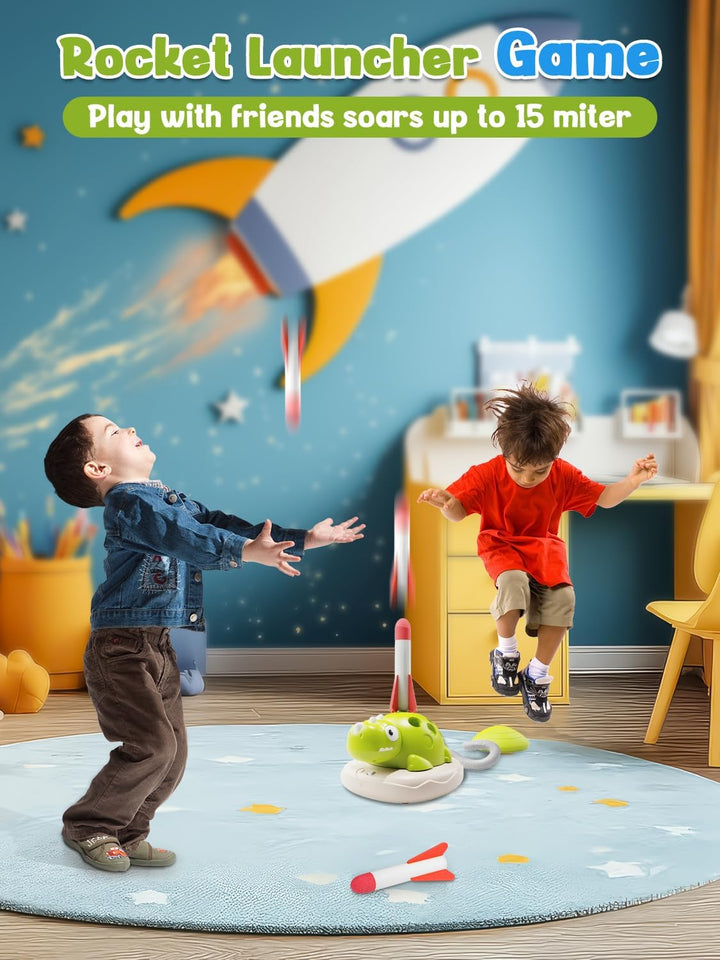 3 in 1 Outdoor Spiele für Kinder, Dinosaurier Garten Spielzeug Kinder mit Ringwurfspiel, Raketen Spi