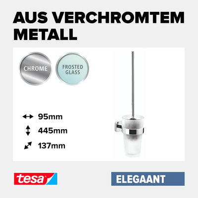 tesa ELEGAANT Toilettenbürsten-Set, verchromt, mit satiniertem Glas - zur Wandbefestigung ohne Bohre