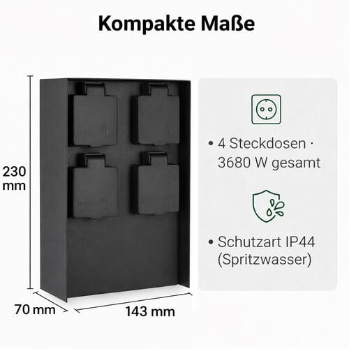 LED Universum Gartensteckdose aus Edelstahl, IP44 für aussen (Schwarz 4-fach), Schwarz 4-fach