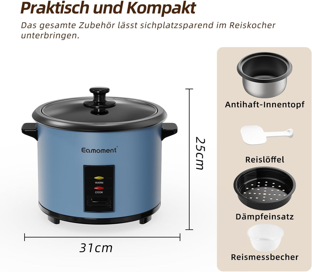 Eamoment ERC-10CBL 1.8L | 700W Reiskocher & Schwarzer Dampfgarer Reiskochfunktionen,kochen 1-10 Pers