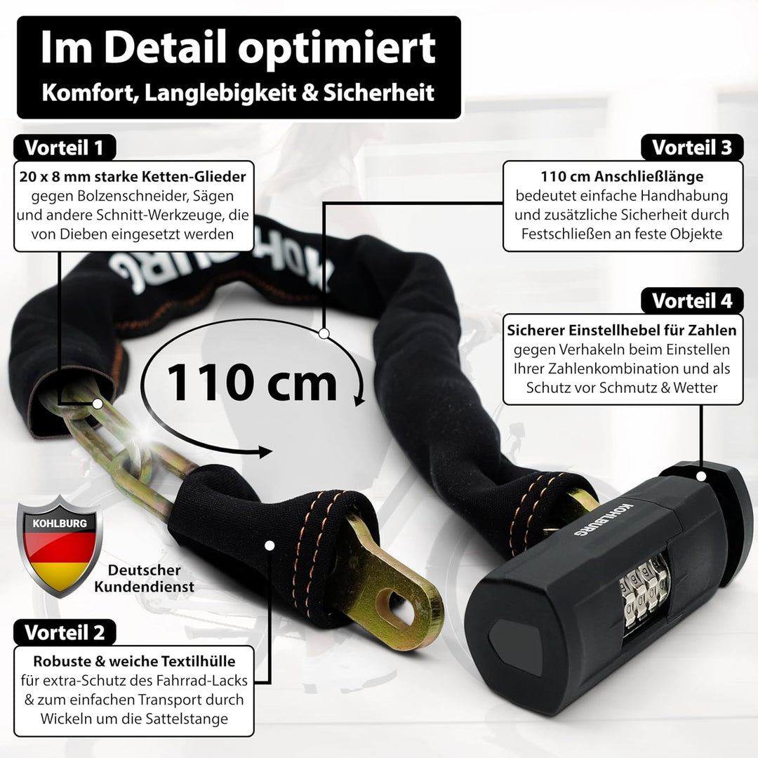 KOHLBURG massives 110cm Fahrradschloss Zahlenschloss mit höchster Sicherheit [Sold Secure GOLD] - si