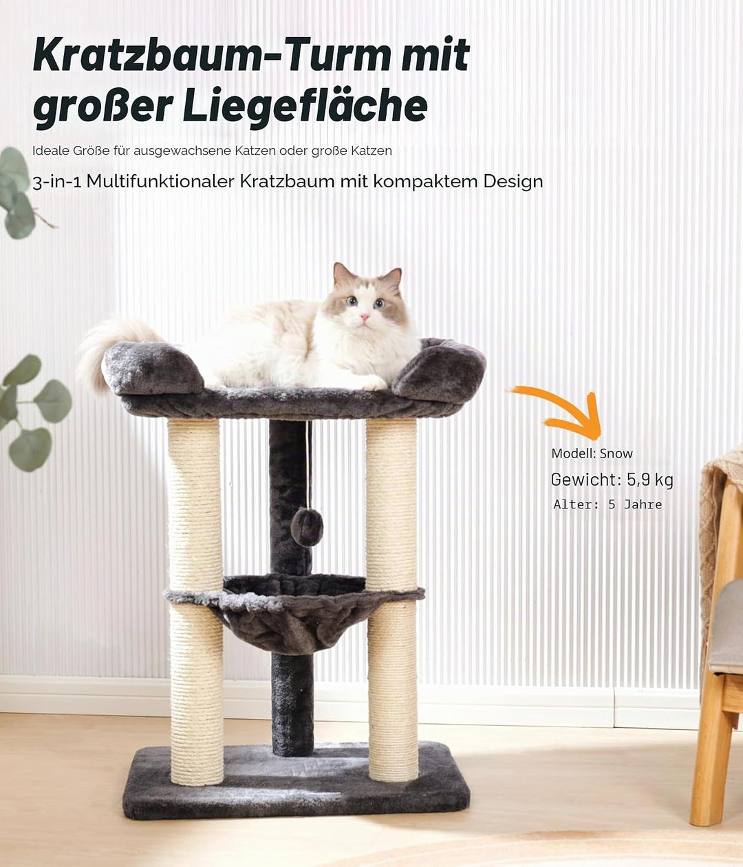 Happi N Pets 71 cm Kratzbaum für Katzen, Hoher Kratzstamm mit grossem Bett für grosse Katzen, Sisal-