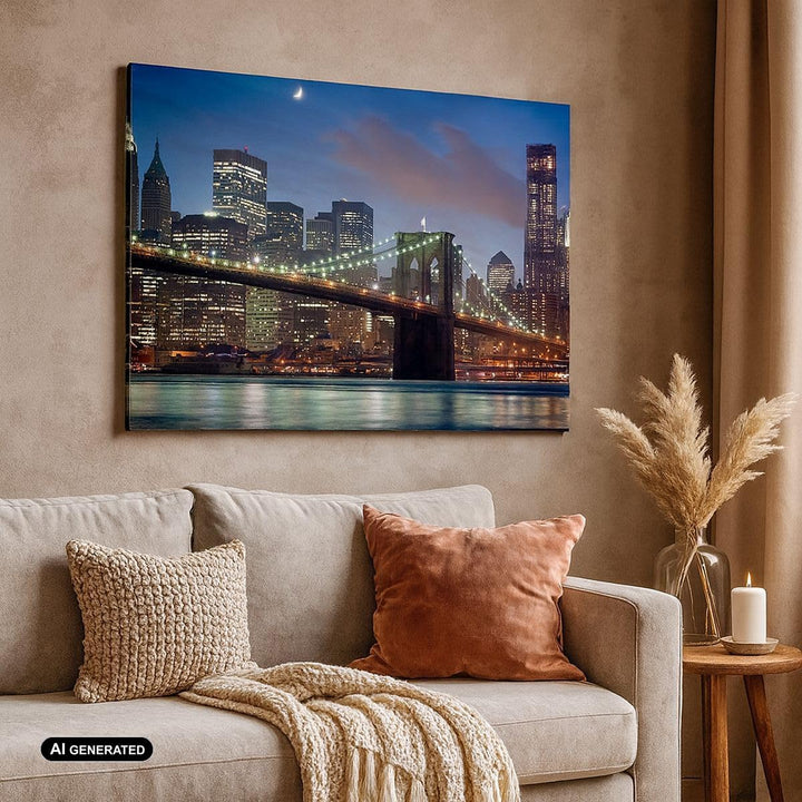 Bilder auf Leinwand 100x70cm Leinwandbild Brooklyn brücke nacht new york city Gross Wanddeko Bild Sc