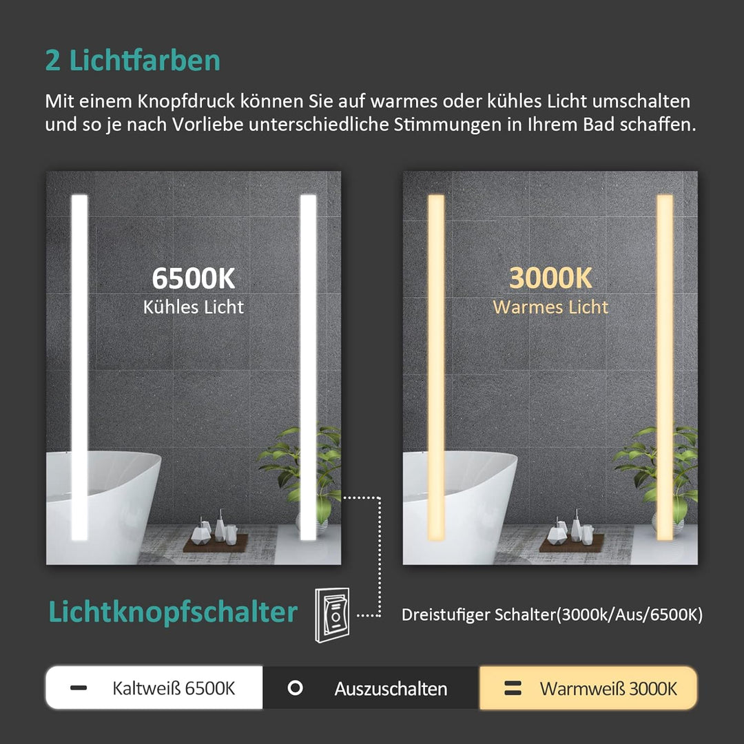 EMKE Spiegel mit Beleuchtung 60x80cm LED Badspiegel mit Beschlagfrei, 2 Lichtfarben und Taste, Badez