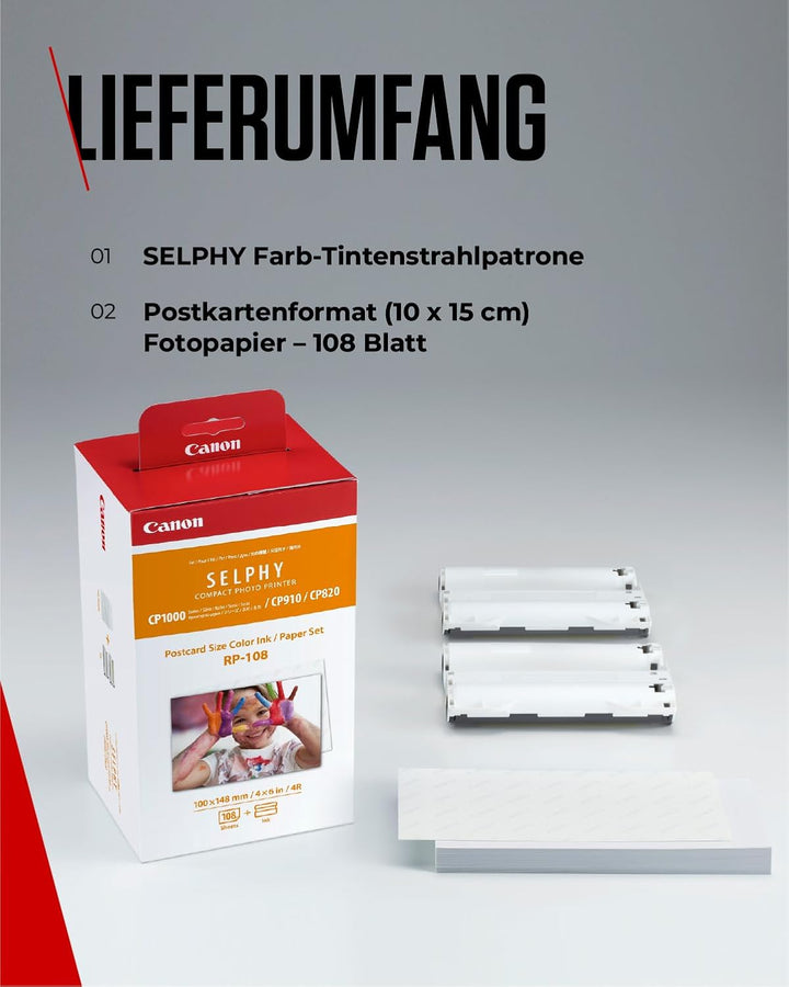 Canon RP-108 Original Farbband/Papierset Postkartengrösse 10x15cm für SELPHY CP-Drucker (108 Blatt,
