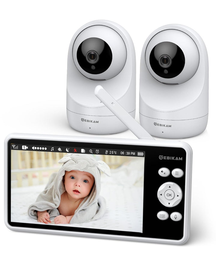 Babyphone mit 2 Kameras 5 Zoll 720P HD IPS-Bildschirm Video Babyphon ohne WLAN, 4000mAh Akku PTZ 355