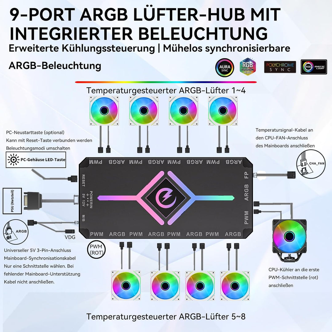 H8 ARGB Hub, 9-Port PWM-Lüftersteuerung, 5V 3-Pin ARGB, Schwarz