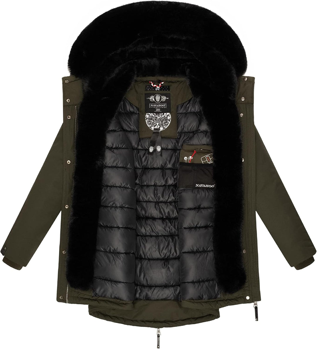 Navahoo Damen Warmer Winterparka mit doppelter Kunstpelz-Kapuze Sweety Deluxe XS-XXL XS Dark Olive,