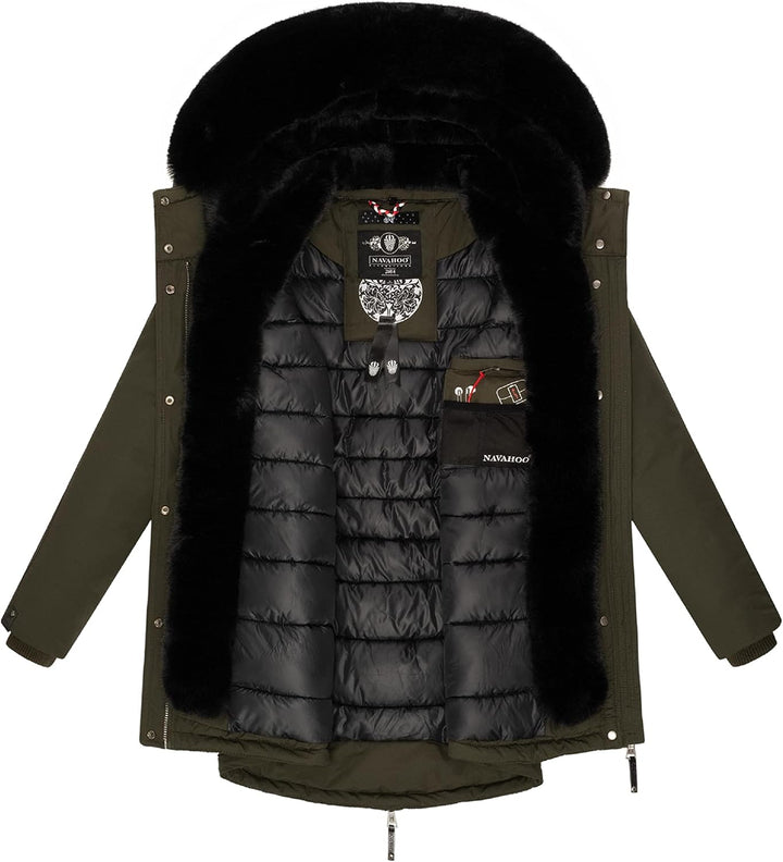 Navahoo Damen Warmer Winterparka mit doppelter Kunstpelz-Kapuze Sweety Deluxe XS-XXL XS Dark Olive,