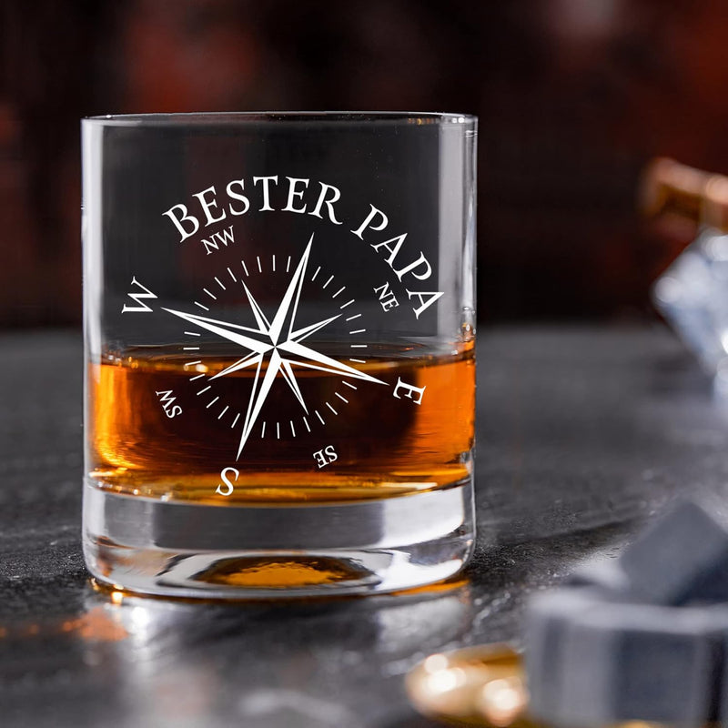 AMAVEL Whiskyglas mit Gravur Kompass, Tumbler Glas Bester Papa, Vatertagsgeschenk, Graviertes Whisky