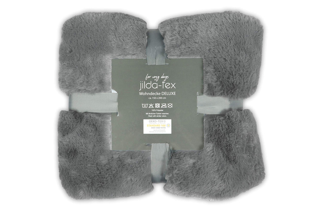 jilda-tex Wohn- Kuscheldecke Felloptik Rabbit Deluxe 750 GSM 150x200 220x240 cm Kunst-Felldecke (Hel