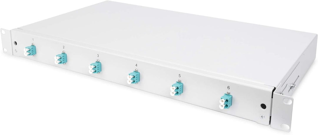 DIGITUS LWL Spleissbox 6 Kupplungen - LC - OM3 - 1HE - 19-Zoll - Multi-Mode Simplex - Mit Spleiss-Ka