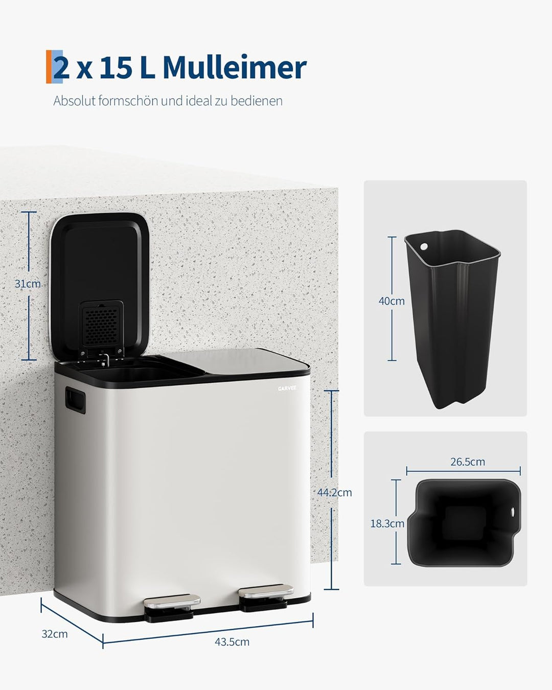 GarveeHome Mülleimer 2 Fächer 30 L, Mülltrennsystem mit 2 x 15 L Deckel aus Edelstahl, Treteimer Küc