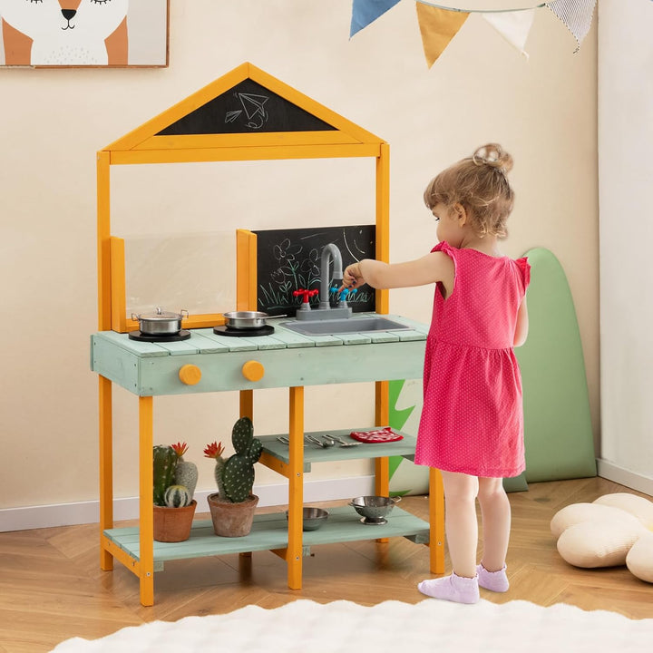 DREAMADE Matschküche Kinder Outdoor, Kinderküche Tannenholz, Spielküche mit Wasserhahn, Waschbecken,