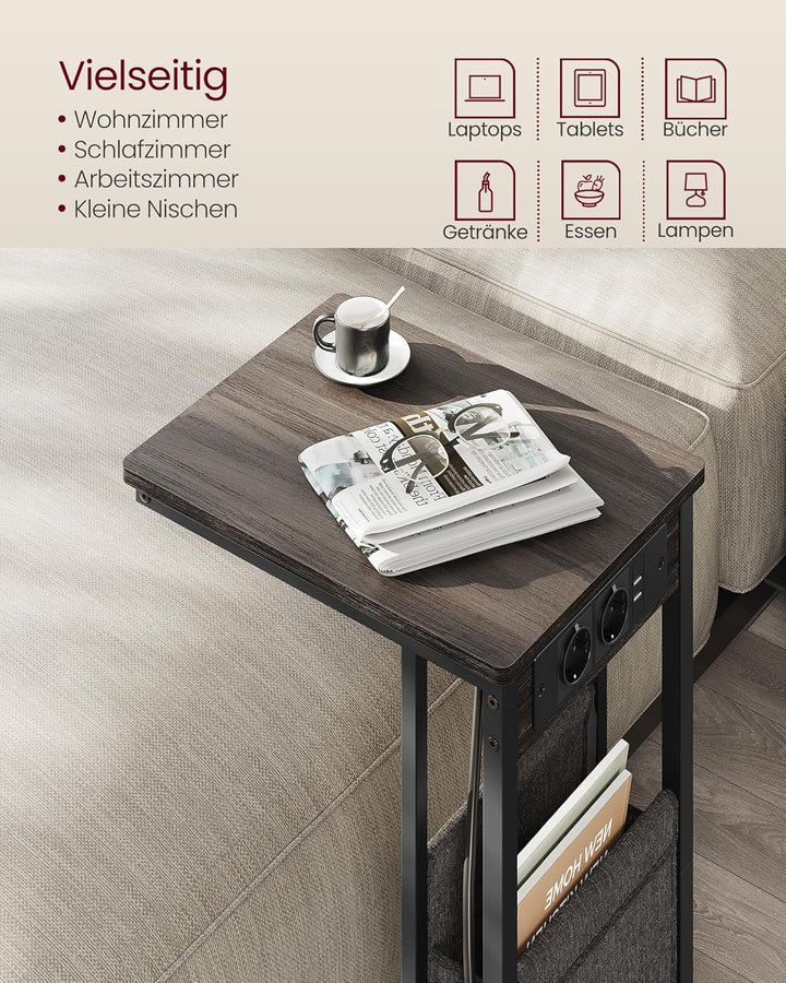 VASAGLE Beistelltisch, Sofatisch mit Ladestation, C Form, Couchtisch klein, Stofftasche, verstellbar