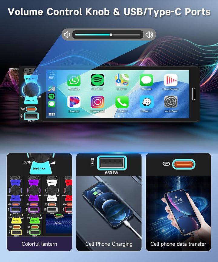 Hodozzy 1 Din RDS Autoradio mit Drahtlos Carplay Android Auto, 6.5 Zoll In-Cell Bildschirm,Unterstüt