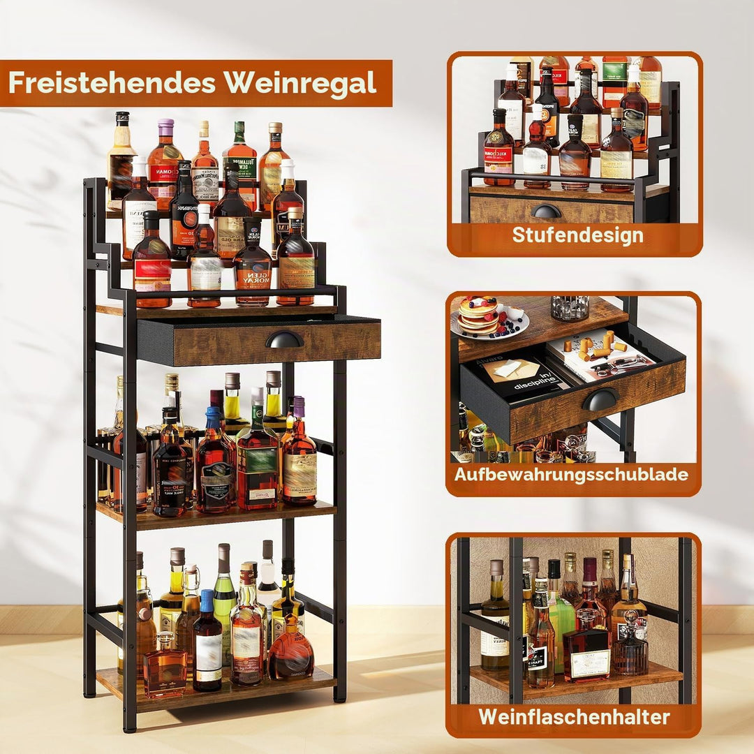 IBUYKE Stufen Weinregal, Freistehend, Weinschrank mit Schublade und Ausstellungsregal für Whisky, Tr