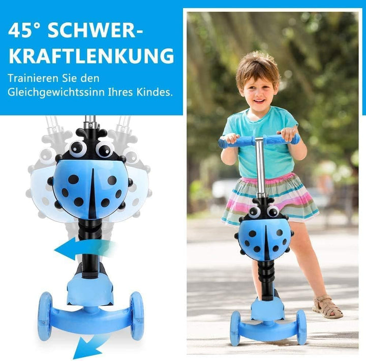 YOLEO 5-in-1 Kinder Roller Scooter mit Abnehmbarer Karikaturkorb Sitz Schubstange LED grosse Räder B