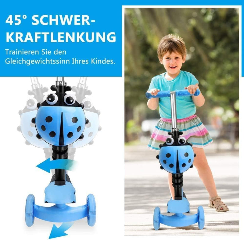 YOLEO 5-in-1 Kinder Roller Scooter mit Abnehmbarer Karikaturkorb Sitz Schubstange LED grosse Räder B