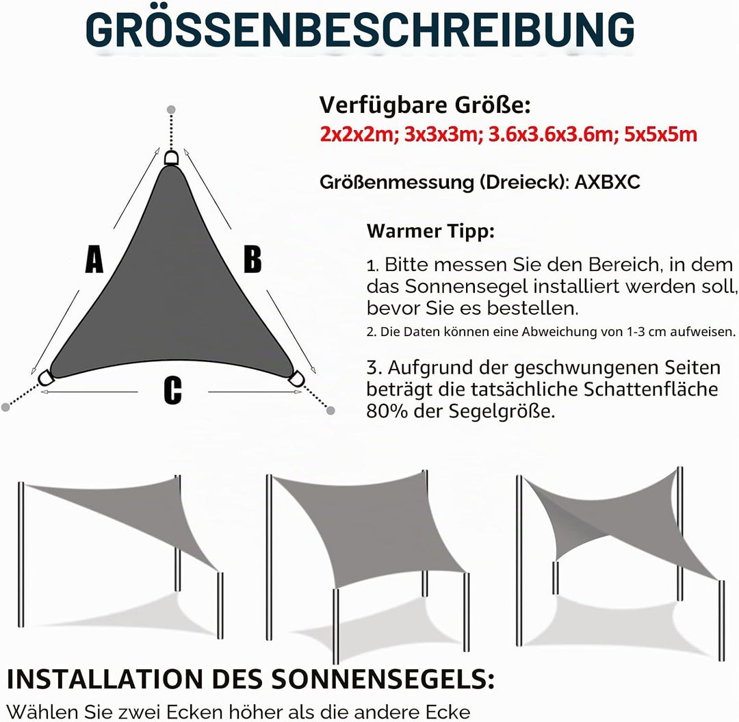 HEYOMART Sonnensegel Dreieck 3,6 x 3,6 x 3,6m Wasserdicht Sonnenschutz inkl Befestigungsseile PES Po