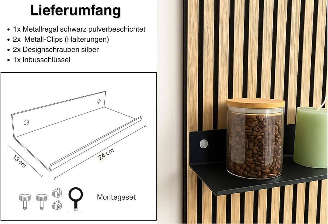 Steinmine - Designmanufaktur Wandregal Metall schwarz matt (13 x 24 cm) – Metallverschraubung – kein