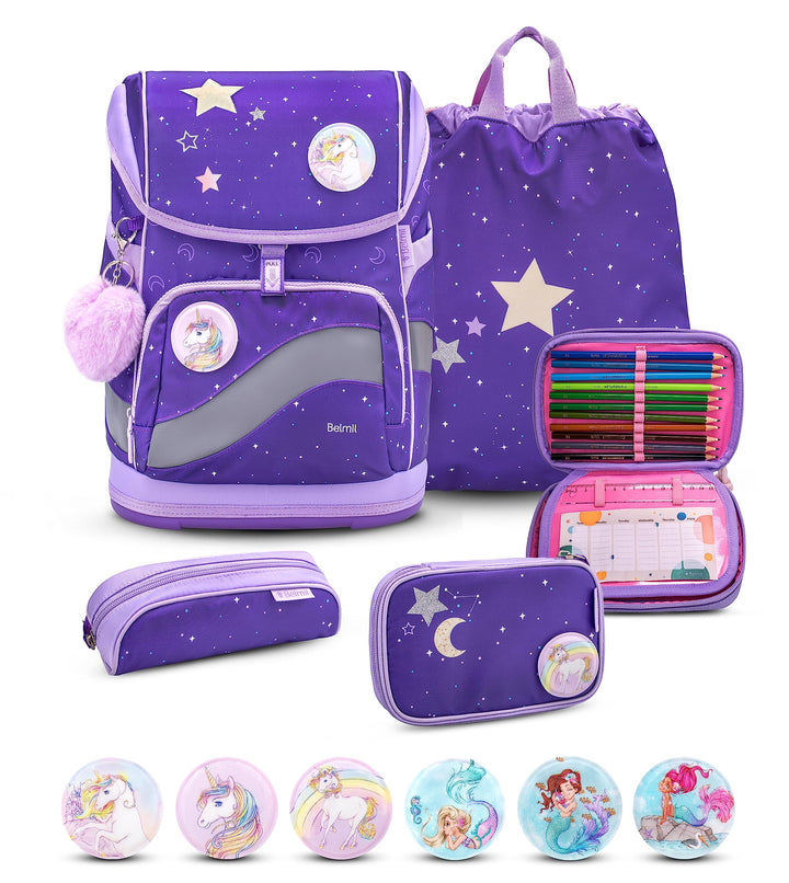 Belmil Premium Smarty Plus ergonomisches Schulranzen Set 5-teilig mit Patch Set 6 Stück, AGR, Brustg