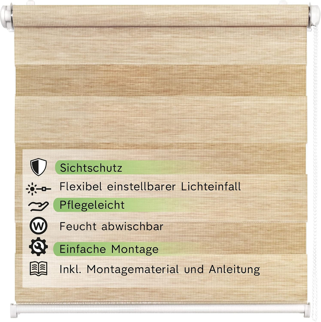 Rikmani Doppelrollo Fensterrollo LUIS Duo-Rollo Klemmfixierung Zebrarollo Seitenzugrollo ohne Bohren