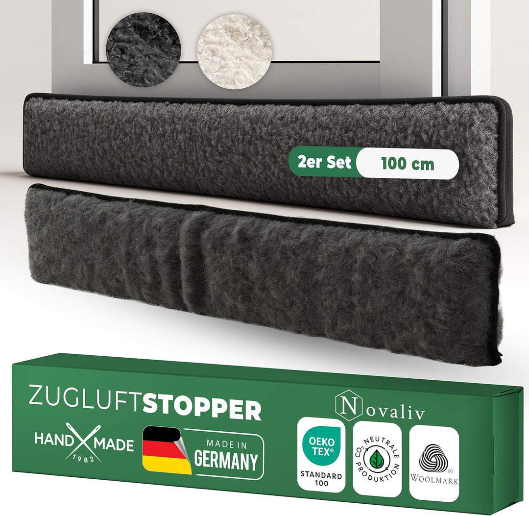 Zugluftstopper für Türen 100cm Anthrazit Schurwolle – stoppt Zugluft & Kälte, dämpft Lärm/Staub/Lich