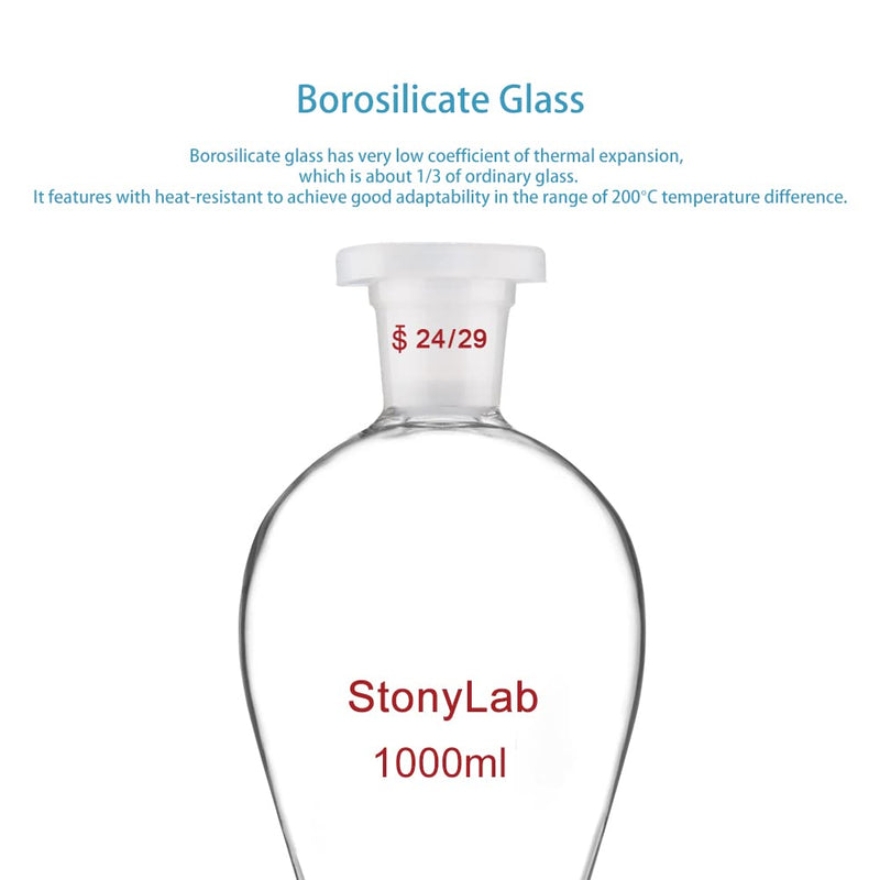 stonylab Scheidetrichter Glas, Borosilikatglas 1000 ml Scheidetrichter Heavy Wall Conical Separatory