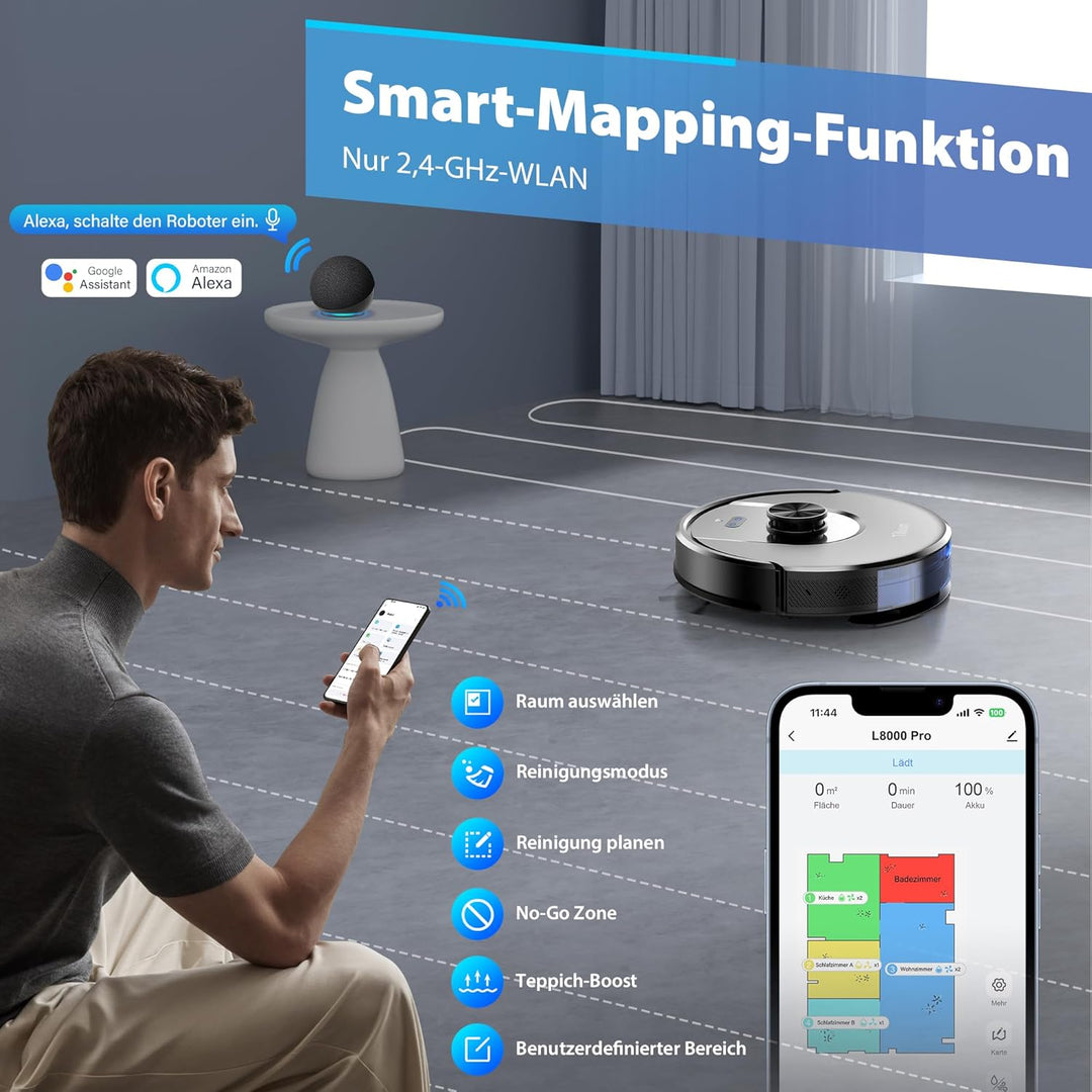 Tikom Saugroboter mit Wischfunktion, 6000Pa Staubsauger Roboter mit LiDAR Navigation, 150Min Max, AP