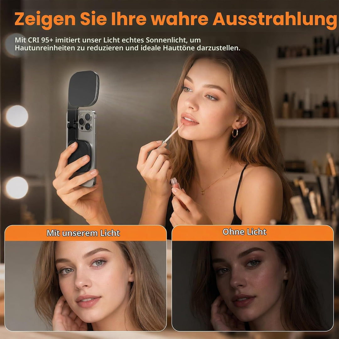 Magnetisches 3-in-1 Selfie Licht Mit Spiegel, 1000mAh Akku 48 LEDs &amp; 10 Helligkeitsstufen (3000K-650