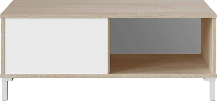 Wohnzimmer-Couchtisch mit einer Schublade und einem Tagesfach, Farbe Weiss und Eiche, 100 x 40 x 50