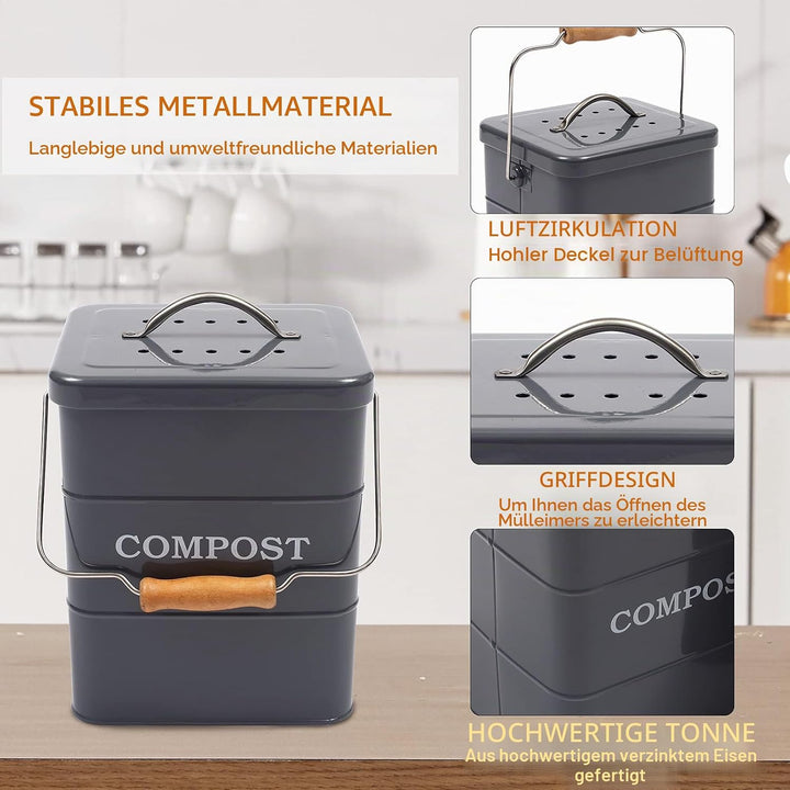Biomülleimer Küche -4l-Enthält Einen Aktivkohlefilter Küchenkomposter - Metall Bio Mülleimer Klein M