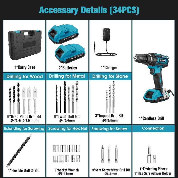 LEEIKOO Akkuschrauber 21V, Akku Bohrschrauber mit 2 Akkus 2.0Ah, 42N.m Akku Bohrmaschine, 25+3 Drehm