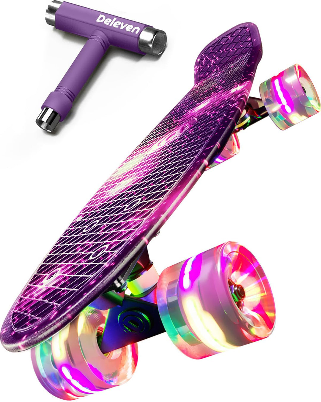 Deleven Skateboard mit LED Rollen, Skate Tool und ABEC 7 Lager - Kinder Erwachsene Anfänger - 56 cm