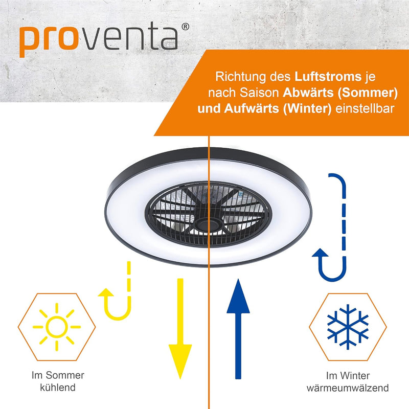 Proventa Deckenventilator mit Beleuchtung 60W - Ø 60cm, dimmbare LED Deckenleuchte mit Ventilator, w