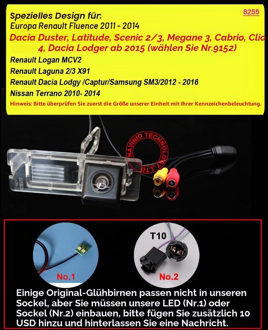 Navinio Auto Kennzeichenleuchte-Rückfahrkamera mit Distanzlinien Replacement for Megane 2 II 3 III E