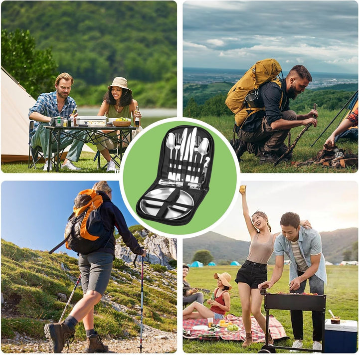 13-Stücke campingbesteck 2 Personen,Picknick Set,Edelstahl-gabeln-Teller,Messer und löffel,Inklusive